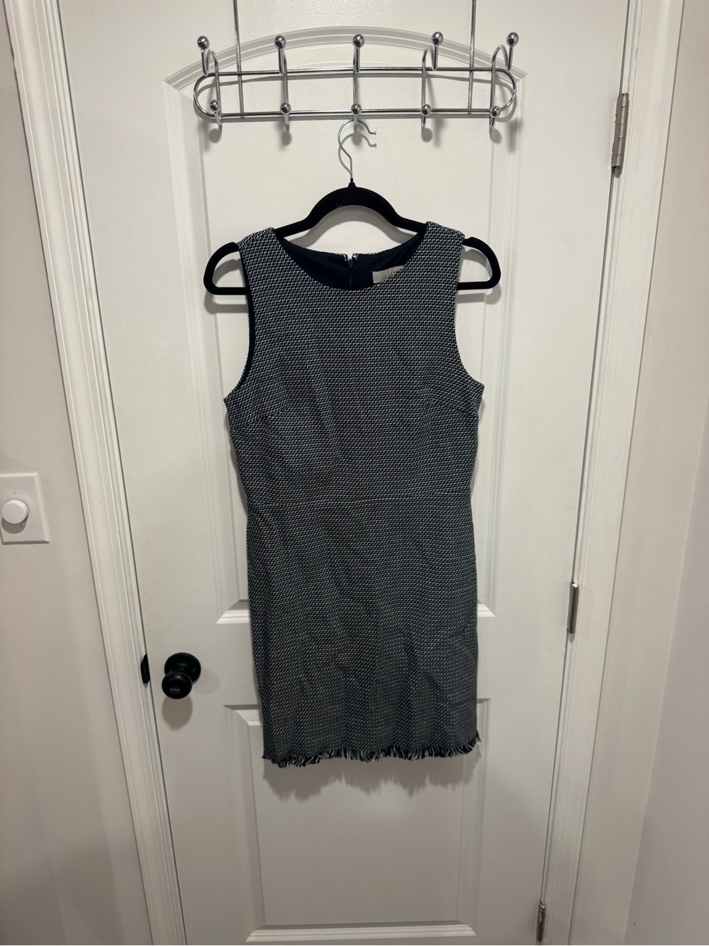 LOFT Navy and White Tweed Fringe Sheath Dress